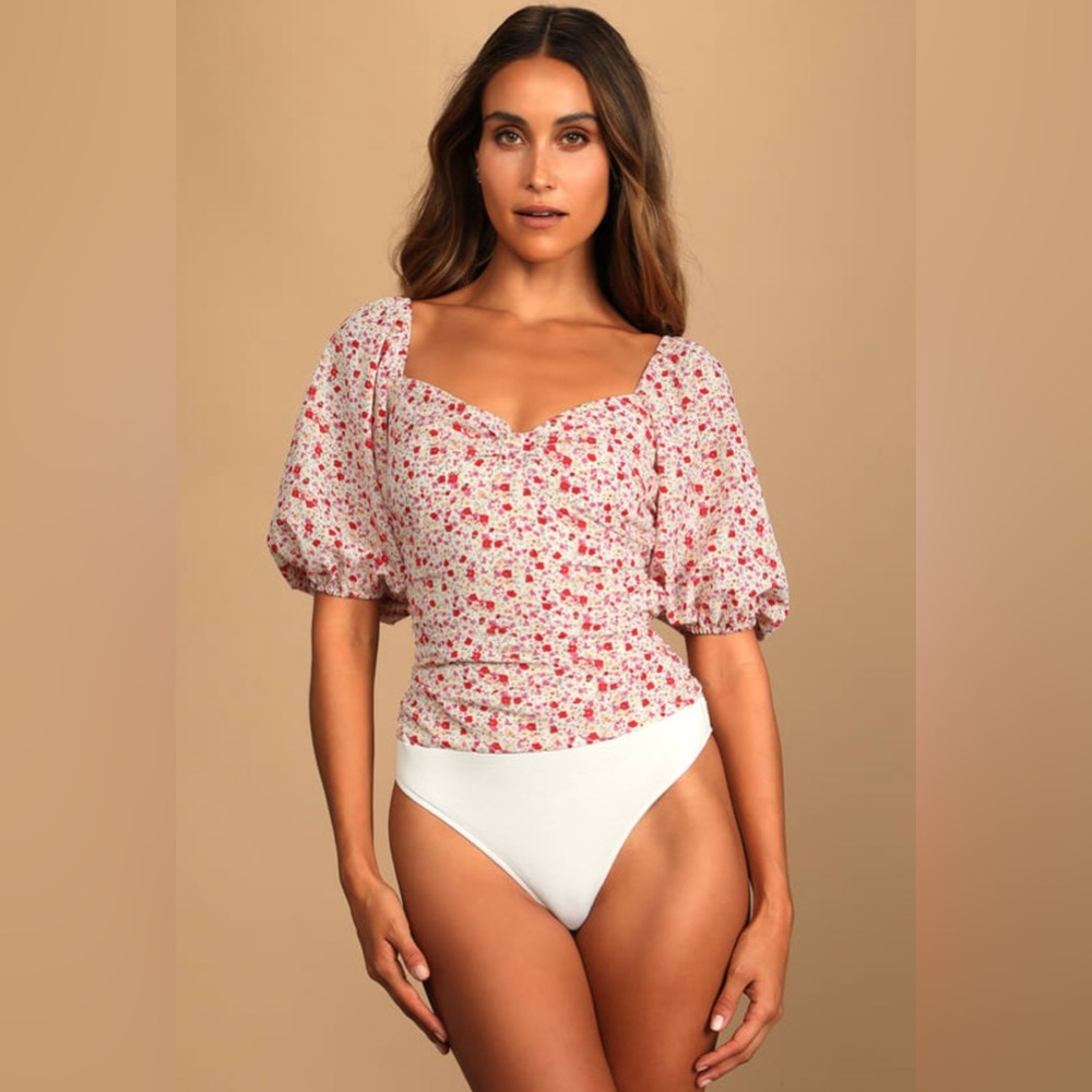 Lulus Beautiful Hues Ivory Floral Print Puff Sleeve Ruched Bodysuit White